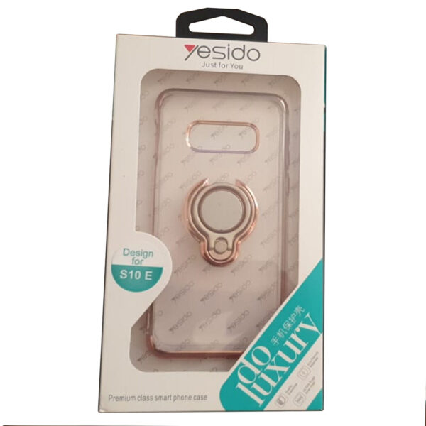 A Samsung Galaxy S10E Ring Clear Transparent Fashion Case Cover Rose Gold packaging with a clear window displaying the rose gold case and a ring holder. the pack highlights a "luxury" slogan and a "design for 10 e" note.